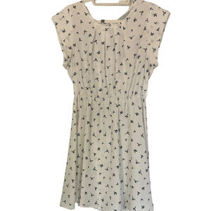 Sweet Rain White Dress with Black Dove Pattern and Black Belt